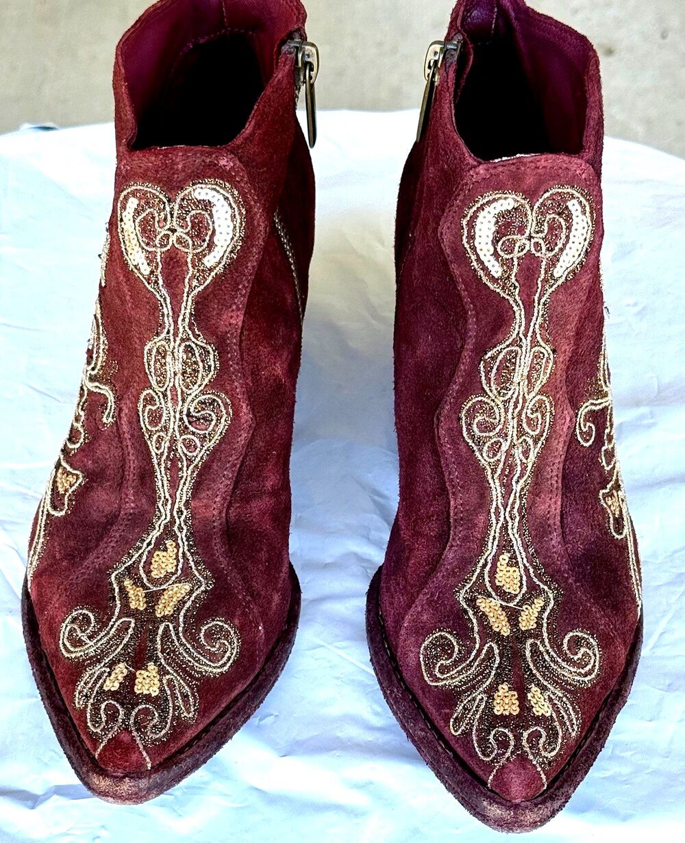 Marco Delli Women 37 Burgundy Suede Embroidered Sequin Western Ankle Boots